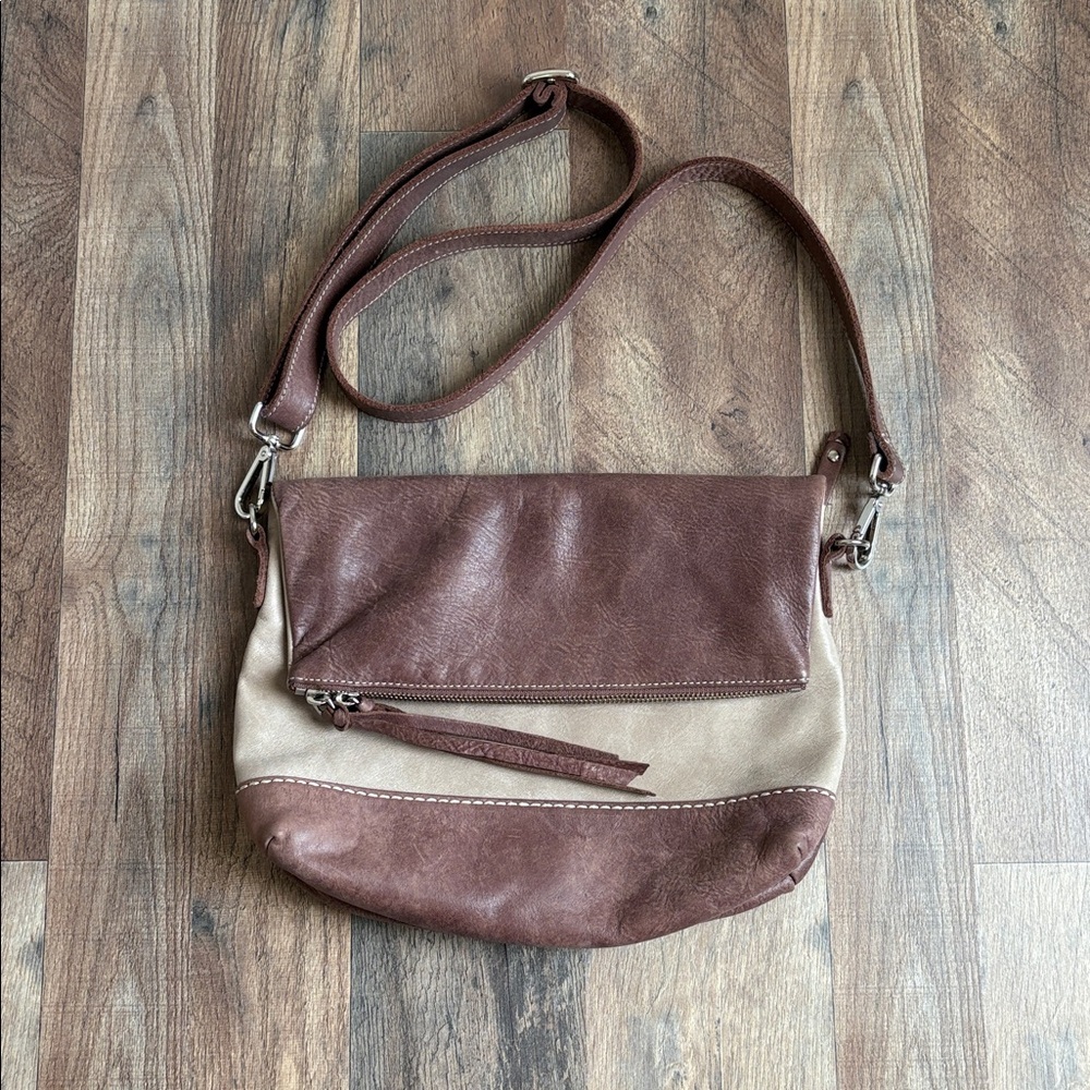 Roots‎ Canada Emma Bag Leather Foldover Crossbody Colorblock Brown and Taupe
